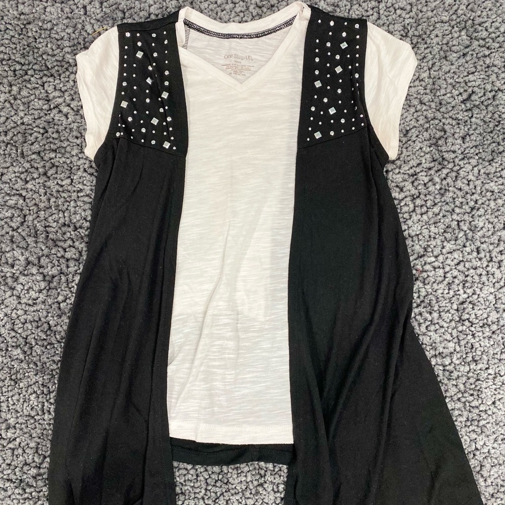 Girls One Step Up Rockstar Ripped Rhinestone Tee Size XL 14-16